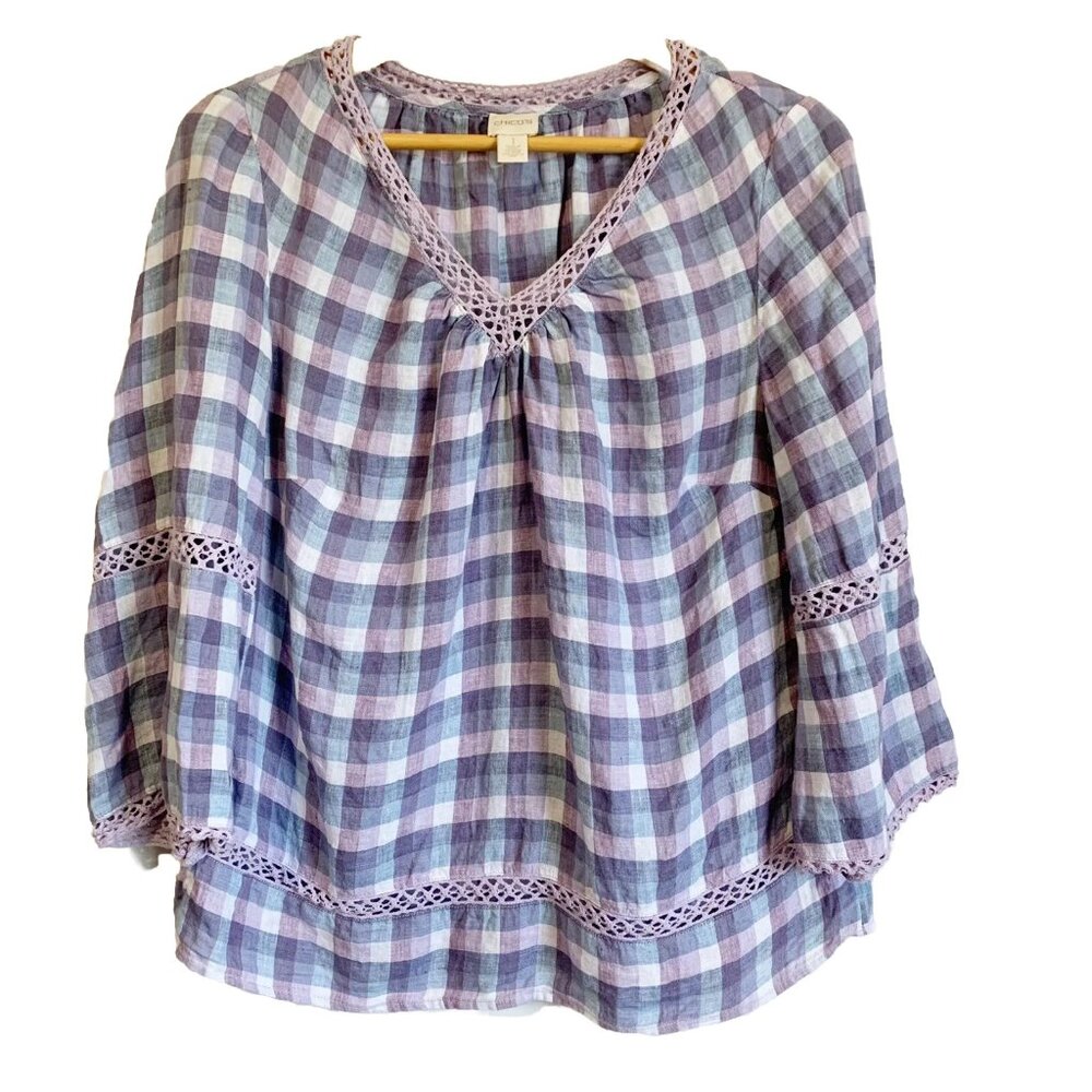 Chico’s Crochet Gingham Linen Top Womens Small 3/4 Sleeve Boho Coastal Soft Girl